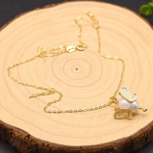D17 Dorato Ciondolo Collana Ape Con Perle di Acqua Dolce 925 Argento Sterling - Foto 2 di 3