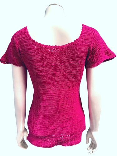 CCC Handmade Fuchsia Pink Crochet Knit Short Sleeve Sweater Size Medium - Picture 3 of 5