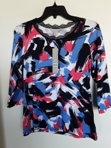  Laura Ashley Multi Color Lace Neck  Knit Top  Shirt Size S  NEW - Picture 1 of 3