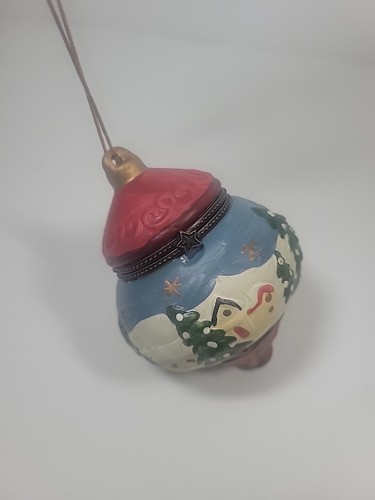 Vtg Hand Painted Porcelain Hinged Trinket Box Christmas Ornament Snow Village - Picture 2 of 12