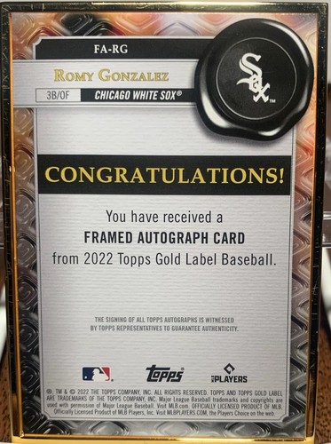 2022 Topps Gold Label - Framed Autographs Gold #FA-RG Romy Gonzalez (RC) - Picture 2 of 2