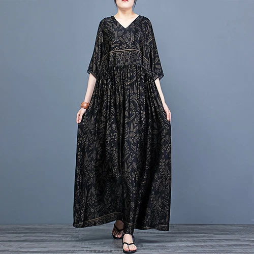 Damen schickes bedrucktes Kleid Seide V-Ausschnitt Oversize Kleid lang Maxi Morgenmantel - Bild 13 von 24