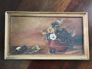 Antique-Primitive-Folk-Art-Still-Life-Flower-Vase-Oil-Painting-On-Canvas