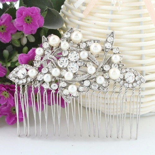 Vintage Silver Rhinestone Pearl Wedding HAIR COMB Bridal headpiece Clear - Picture 4 of 7