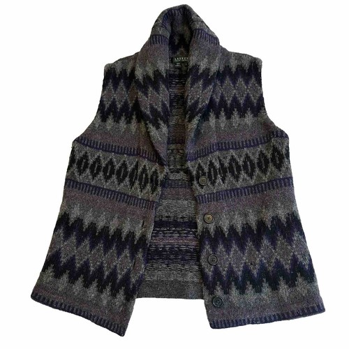Lauren Ralph Lauren Pullover Weste Azteken Grau Lila Lammwolle Knopfleiste Größe L