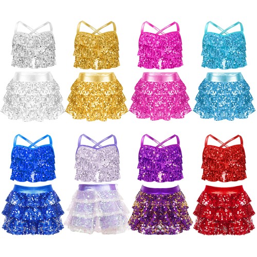 Kids Girls Jazz Latin Dance Sequin Camisole Tank Crop Tops with Skirts Costume - Picture 3 of 66