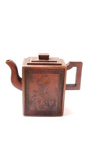 ANTIQUE 19c CHINESE YIXING RELIEF IMMORTAL AND CRANE TEAPOT ,MARKED