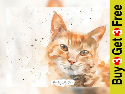 Soft Orange Cat Portrait, Watercolor Painting Print 5''x7'' on Matte Paper