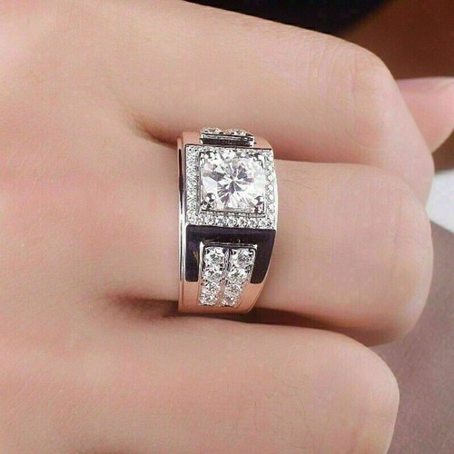 2Ct Round Cut Moissanite Solitaire 14K White Gold Plated Mens Engagement Ring - Picture 3 of 5