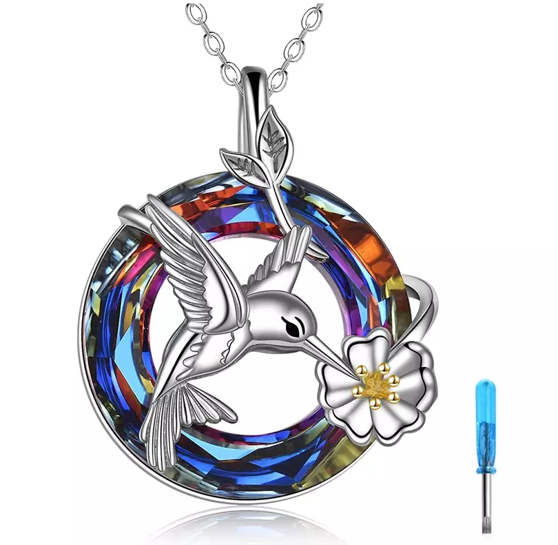 Hummingbird Flower Urn Pendant Necklace Ashes Chain Keepsake