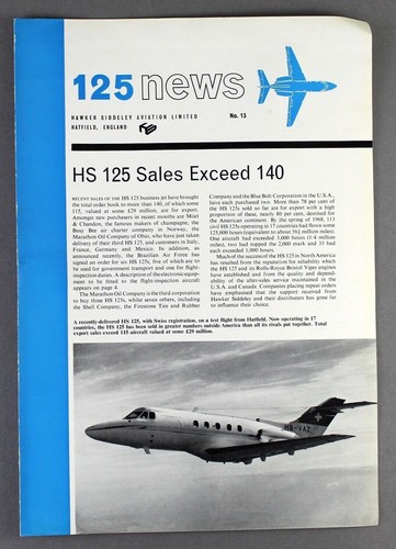 HAWKER SIDDELEY HS 125 NEWS MANUFACTURERS NEWSLETTER NO.13 PRIVATE JET