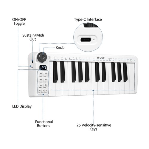 M-VAVE SMK-25 Mini USB Keyboard MIDI Controller 25 Velocity Sensitive Keys N1U3 - Picture 4 of 12