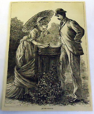 #ad 1882 magazine engraving AT THE SUN DIAL woman and man inspect garden sun dial $6.44