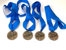Bronze Medal Victory Torch & Palm Branch Blue Neck Band Set of 4 Medal NEW!