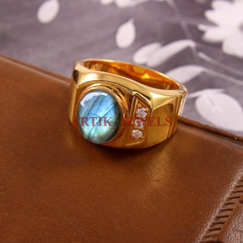 Anillo para hombre de plata de ley 925 chapado en oro con piedras preciosas de labradorita natural #4800 - Imagen 3 de 4