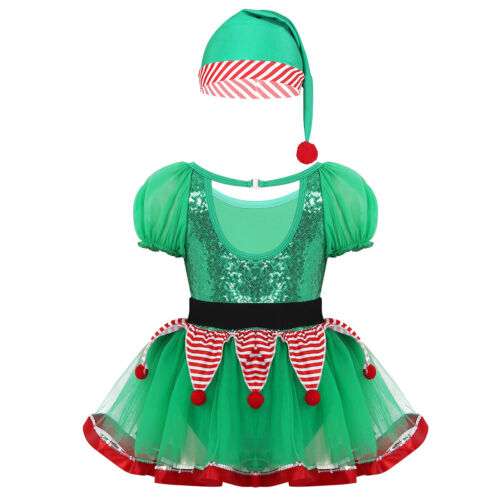 Kids Girls Dance Leotard Cosplay Xmas Dress Elf Christmas Costume With Hat Mesh - Picture 10 of 12