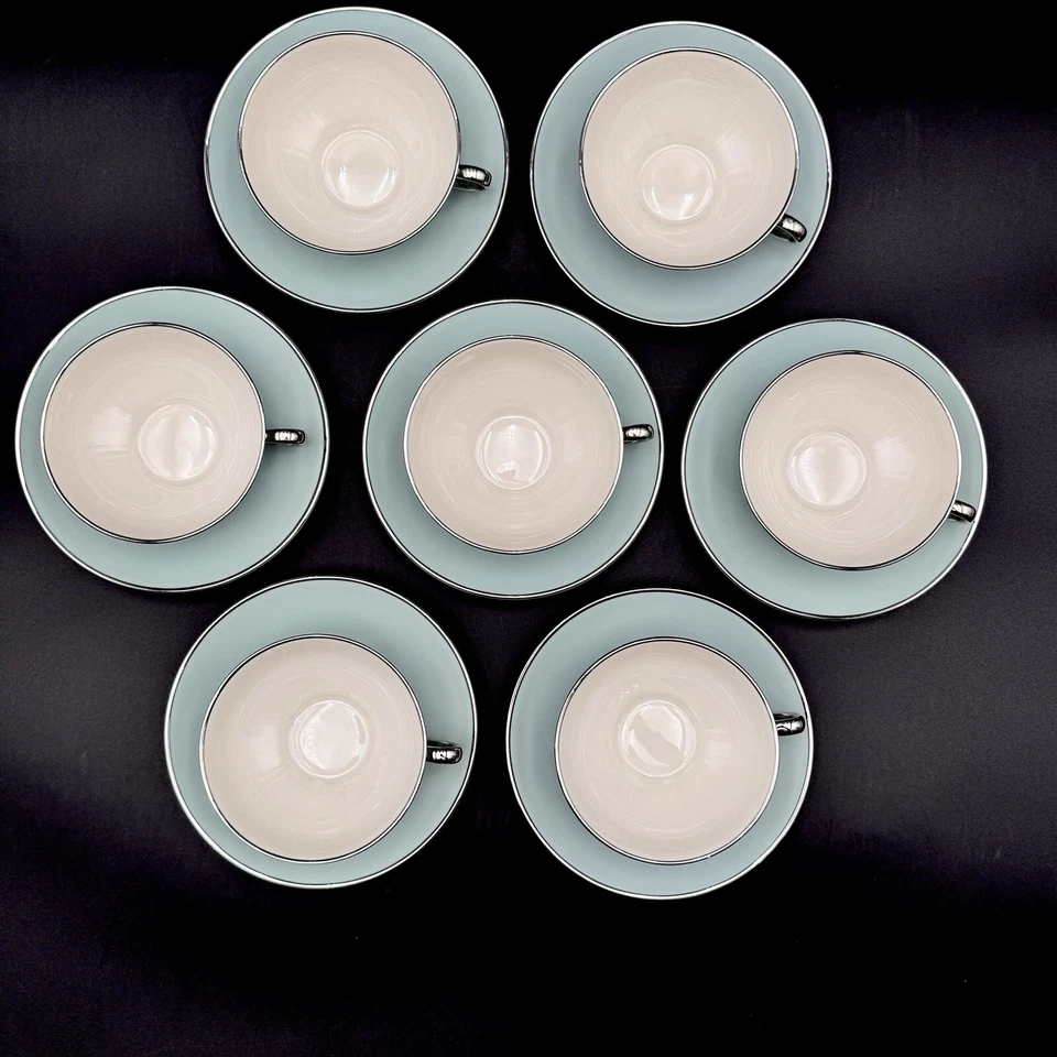 Franciscan Encanto DAWN Tea Coffee Cups Saucers SET/7 Aqua Blue Platinum CA, USA - Image 3 of 4