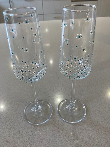 Hand painted Turquoise /Pearl champagne glass hand decorated Prosecco glass - Picture 3 of 5