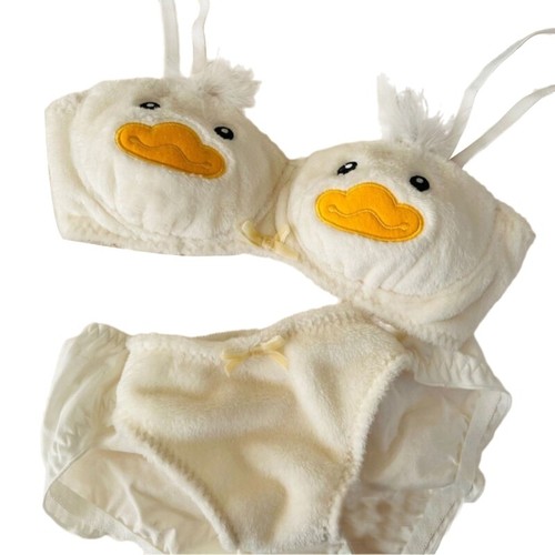 Women s Anime Cartoon Duck Plush Bra Panty Set without Underwire Furry Underwear - Picture 5 of 11