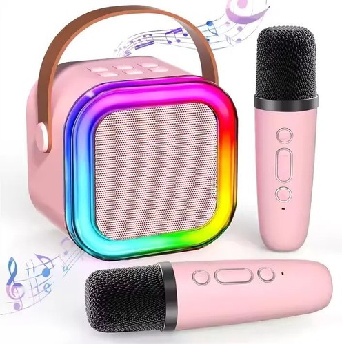Mini Karaoke Maschine mit 2 Mikrofonen Tragbarer Bluetooth Lautsprecher mit LED - Bild 11 von 12