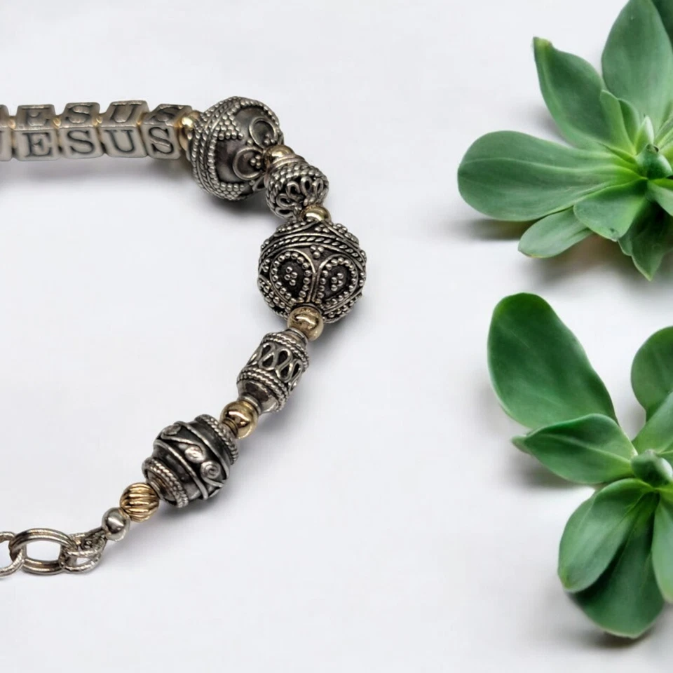 Brazalete 8,5 Bali 14k Plata de Ley Grande 13,5mm Bola Cuentas Jesús Pesado 29,2g Foto 3 de 4