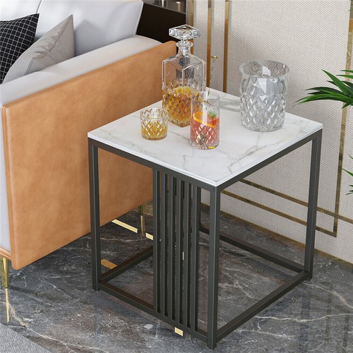 Chic Square Marble End Table Modern Nightstand White Side Table Black Iron Frame - Picture 6 of 16