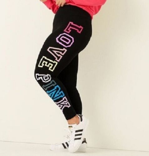 VICTORIAS SECRET LOVE PINK HIGH WAIST FULL LENGTH LEGGINGS BLACK OMBRE LOGO XS S - Picture 3 of 3