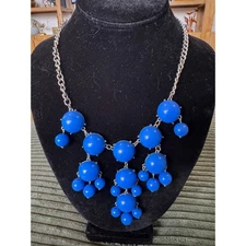 Statement Bib Necklace - Silver Chain & Bold Blue Beads - Women's Fashion