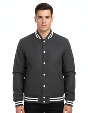 Varsity Letterman Jacket All wool Dark Grey White trims Bomber College Jacket