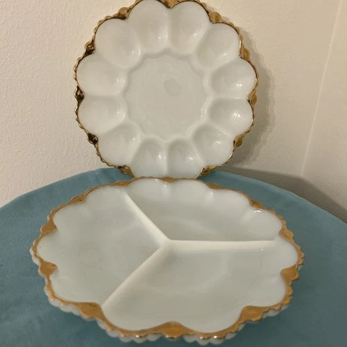 Vintage set Anchor Hocking 1950s Milk Glass Deviled Egg Plate Dishes gold trim.