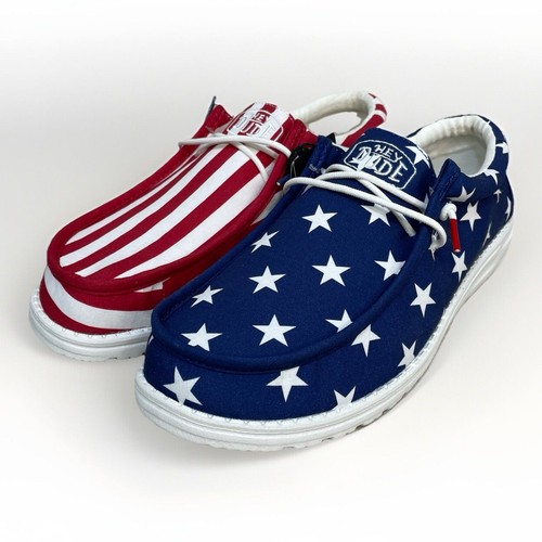Hey Dude Wally Patriotic USA Flag Slip On Shoes Loafers Men 9 Women 11 Red Blue