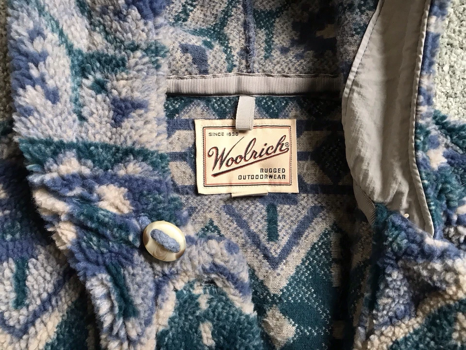 Abrigo Woolrich para mujer grande azul con capucha Fair Isle abrigo de colección polar EE. UU. EN MUY BUENA CONDICIÓN Foto 2 de 4