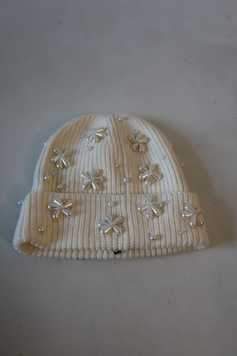 NWD Women Lele Sadoughi Ivory Pearl Snowflake Beaded Beanie Hat OS - Picture 2 of 5