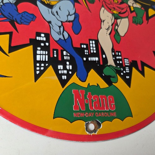 Vintage Conoco Gasoline Porcelain Sign - Batman Robin N-Tane Comic Gas Pump Sign - Picture 10 of 14