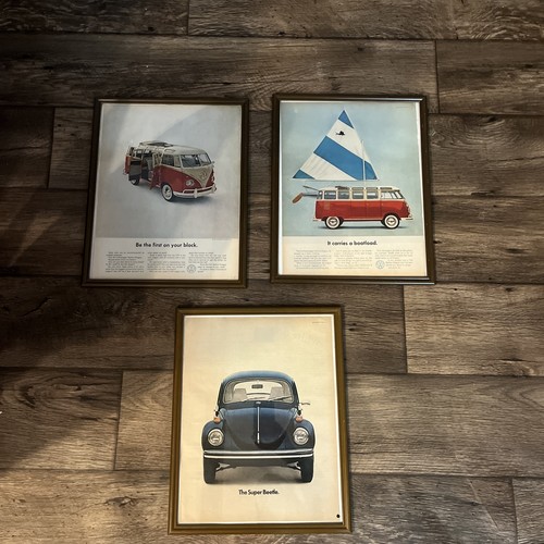 Lot Of 3 Framed Vintage Car Ad VolksWagon Beetle Station Wagon 12”x15” Wall Art  - Picture 1 of 5