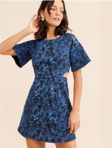 Anthropologie Blue Velvet Burnout Mini Dress US 4 Floral Damask Party Kimono - Picture 3 of 15