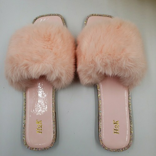 Faux Fur Rhinestone Slippers Womens Slides Open Toe Slip On Sandals Fuzzy Bling - Picture 3 of 13