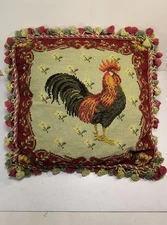 Aubusson Rooster Needlepoint Pillow Cover 20 x 20 Tassel Trim French Country