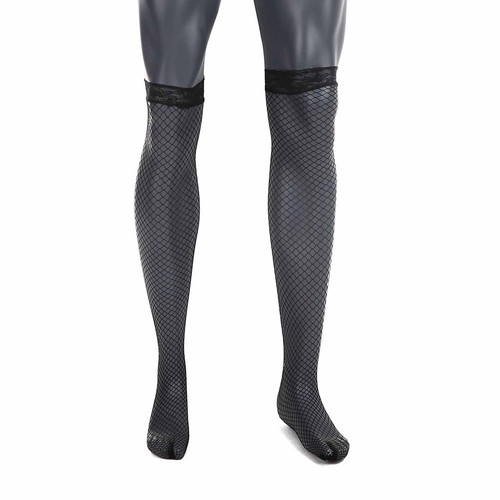 Herren Netz Overknee Strümpfe Spitze Top Netz Strumpfwaren Unterwäsche Schwarz - Picture 9 of 34