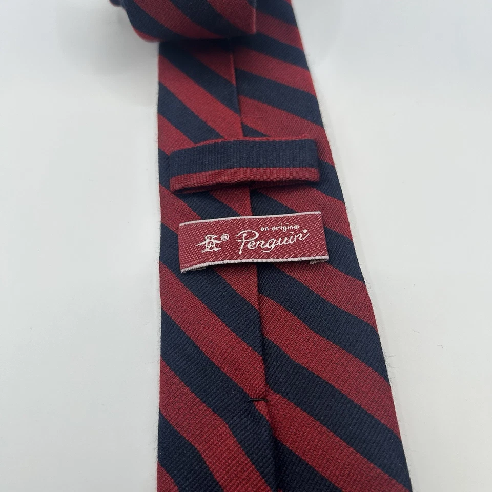 Penguin Necktie Blue & Red Stripe Pattern Men's Silk Wool Blend Repp Neck Tie - Image 3 of 4