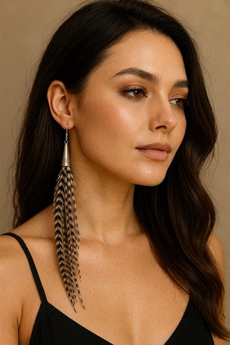 Feather Earrings Extra Long Barred Rock Specialty Hackle - Picture 4 of 4