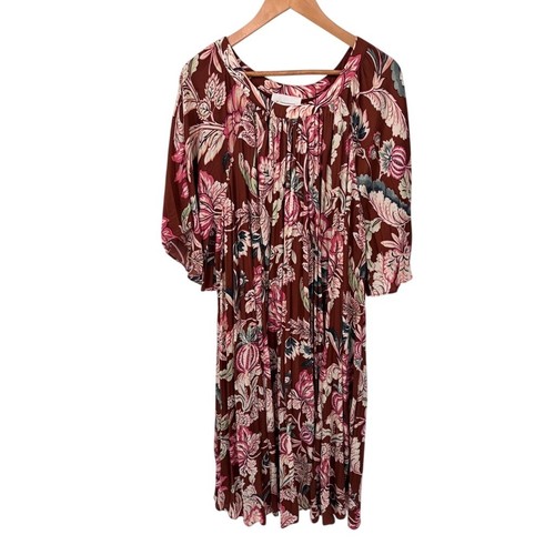 by Anthropologie Leandra Pleated Midi Dress XL Brown Floral Polyester Lined - Picture 2 of 11