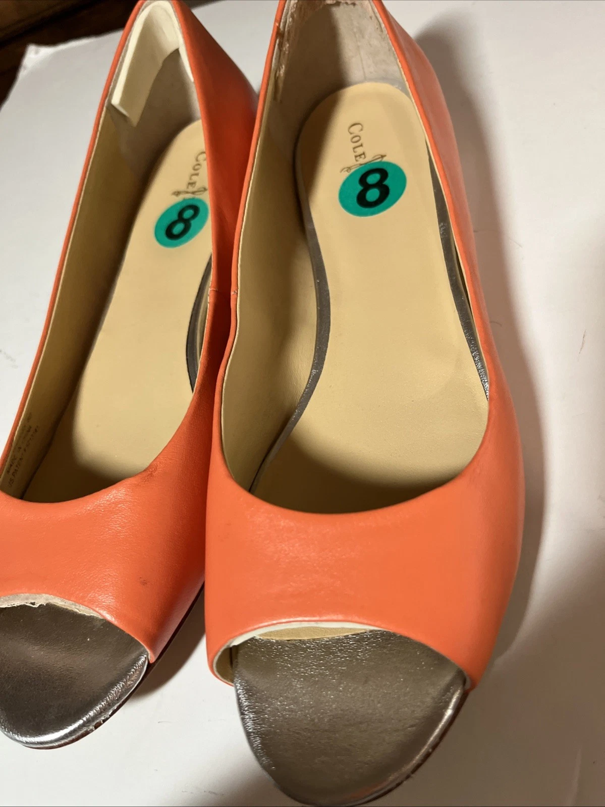 NIKE Ballerine Cole Haan Peep Toe 8M corallo arancione pelle bordo argento