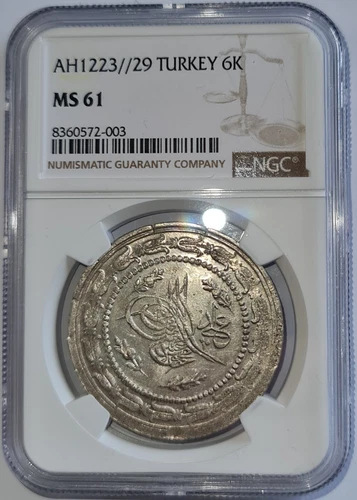 TURKEY OTTOMAN EMPIRE - ΑΗ1223/29  6 Kurush,Mahmud II - NGC MS61 !!!
