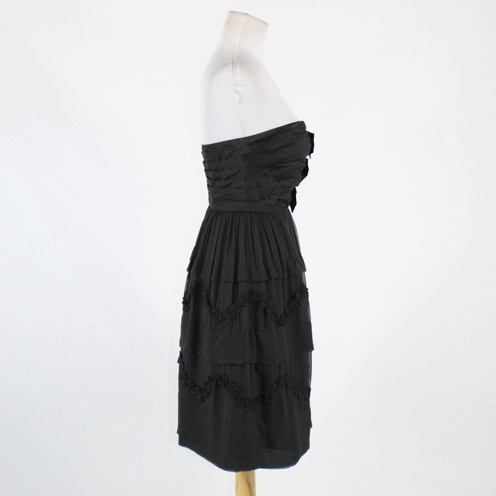 Black 100% silk JILL STUART tiered strapless above knee ruffled trim dress 12 - Picture 5 of 8