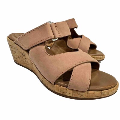 CLARKS Women's Wedge Sandals Pink Leather Cork Heels Open Toe