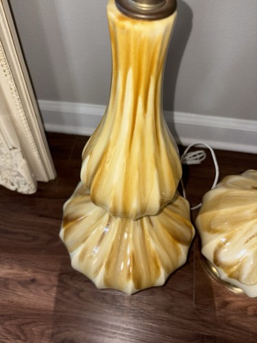 Vintage Mid Century Modern GOLD CREAM Drip Glaze Ceramic PAIR TABLE LAMPS MCM - Picture 9 of 13