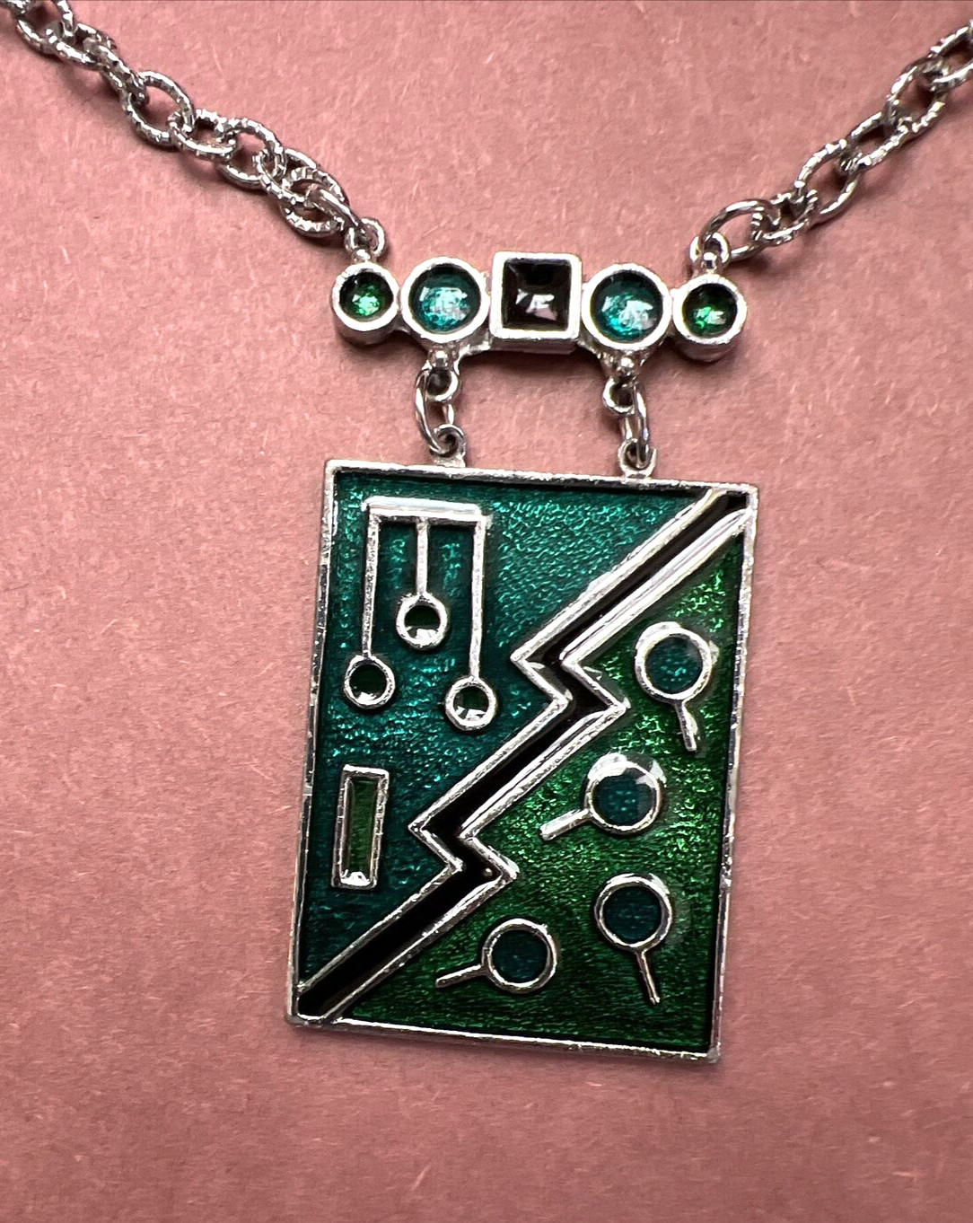 Silver Chain Necklace With Rectangular Green Enam… - image 1