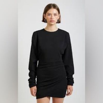knee length dresses for ladies Bebe Women's Blouson Sleeve Ruched Midi Dress - Black Nude main image 0