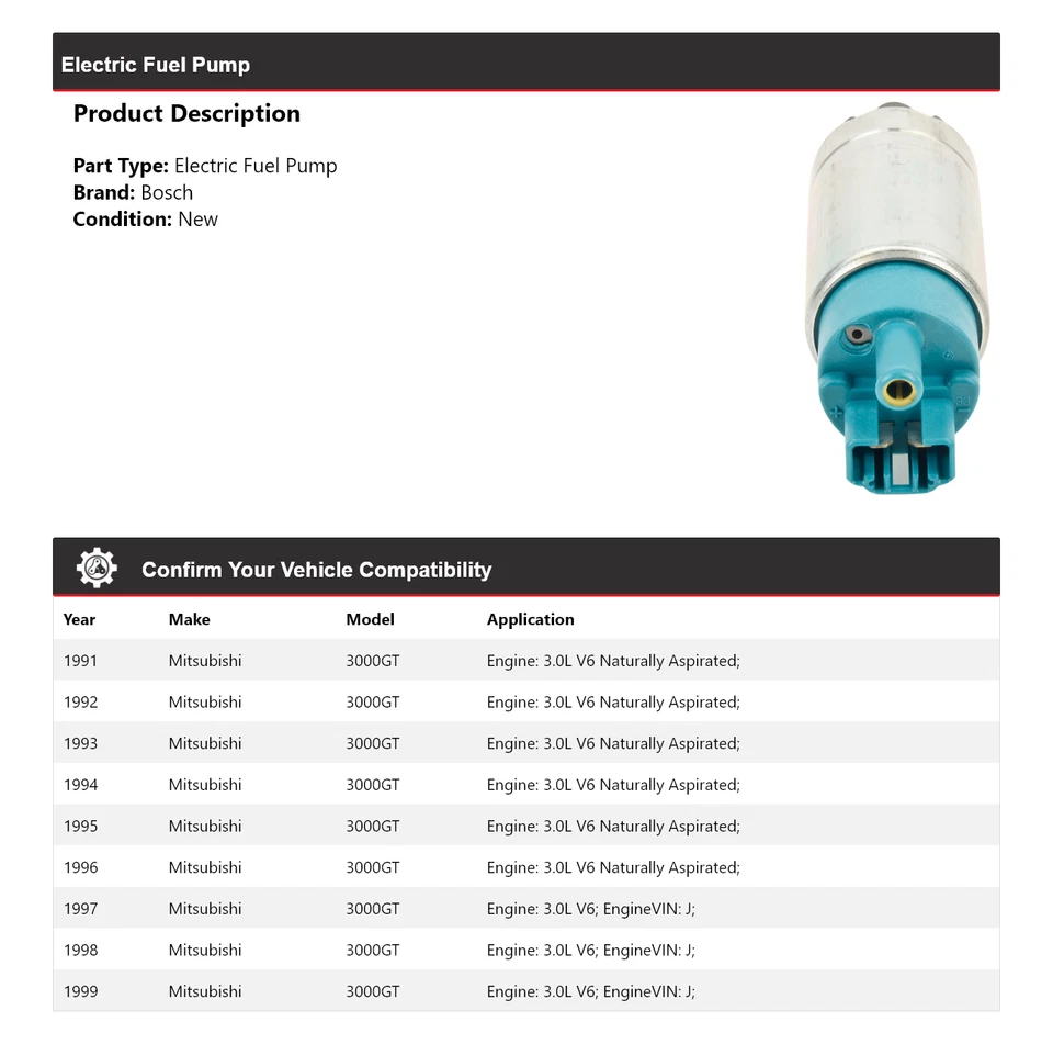 For 1991-1999 Mitsubishi 3000GT Bosch Electric Fuel Pump 1992 1993 1994 1995 - Image 2 of 4